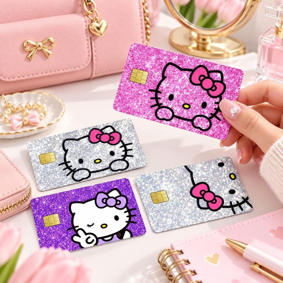 FIFA 4pcs/1pc Hello Kitty Cute Card Stickers, Pink, Silver, Purple Glitter Style, Bow Cat Pattern, 4 Styles Available, Suitable For Credit Cards, Debit Cards And Transportation Cards Surface Decoration, Sweet Girl Style Bank Card Film - Sticker - View 1