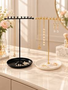 Home Desktop Tray Base Jewelry Stand, Double Row 16 Hooks Necklace Display Rack, Metal T-Shaped Earring Storage Holder - Multicolor - View 5