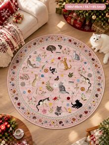 1pc Cat Garden Round Velvet Rug, Pink Background With Multiple Cats, Flowers And Butterfly Pattern, Vintage Floral Wreath Border, Exquisite And Durable, Cute And Artistic. Round Shape Suitable For Living Room, Bedroom, Children's Room, Creating A Gentle And Playful Garden Atmosphere. - Multicolor - View 1