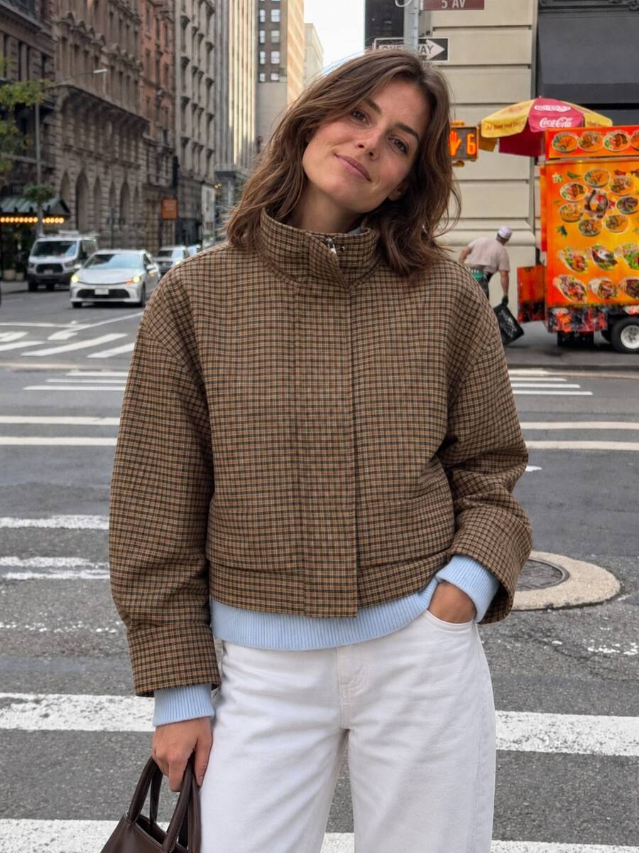 Cropped Checked Jacket Women Vintage Plaid Zip Jacket Stand Collar Long Sleeve Casual Outerwear Streetwear Jacket For Fall - Brown - View 1