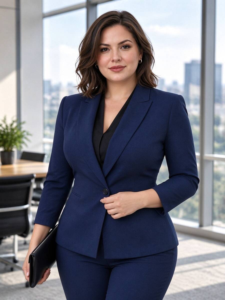 HOMEYEE Vintage Casual Elegant Blazer Jacket, Suitable For Office, Business, Commuting, All Seasons, Plus Size Fall - Navy Blue - View 1