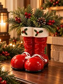 Red Christmas Boot Flower Vase, Festive Santa Boots Floral Container With Holly Accents, Decorative Holiday Centerpiece For Christmas Dining Table, Fireplace Mantel, Entryway Console And Winter Home Decor - Christmas Boot Vase - View 7