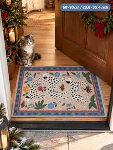 1pc Jungle Spotted Dog Butterfly Velvet Carpet, Beige Background With Three Dogs, Floral And Butterfly Vintage Jungle Pattern, Blue And Red Border Enhancing Layers. Rectangular Shape Suitable For Entryway, Living Room Entrance, Combining Decorative Sense And Vintage Artistic Atmosphere. - Multicolor - View 3