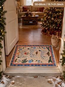 1pc Jungle Spotted Dog Butterfly Velvet Carpet, Beige Background With Three Dogs, Floral And Butterfly Vintage Jungle Pattern, Blue And Red Border Enhancing Layers. Rectangular Shape Suitable For Entryway, Living Room Entrance, Combining Decorative Sense And Vintage Artistic Atmosphere. - Multicolor - View 2