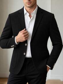 1pc Men's Corduroy Business Formal Suit Jacket, Minimalist Fit, Solid Color, 2-Button, High-End Blazer, Suitable For Weddings, Ceremonies, Holidays, Festivals, Daily Activities, Loose Casual - Black - View 1