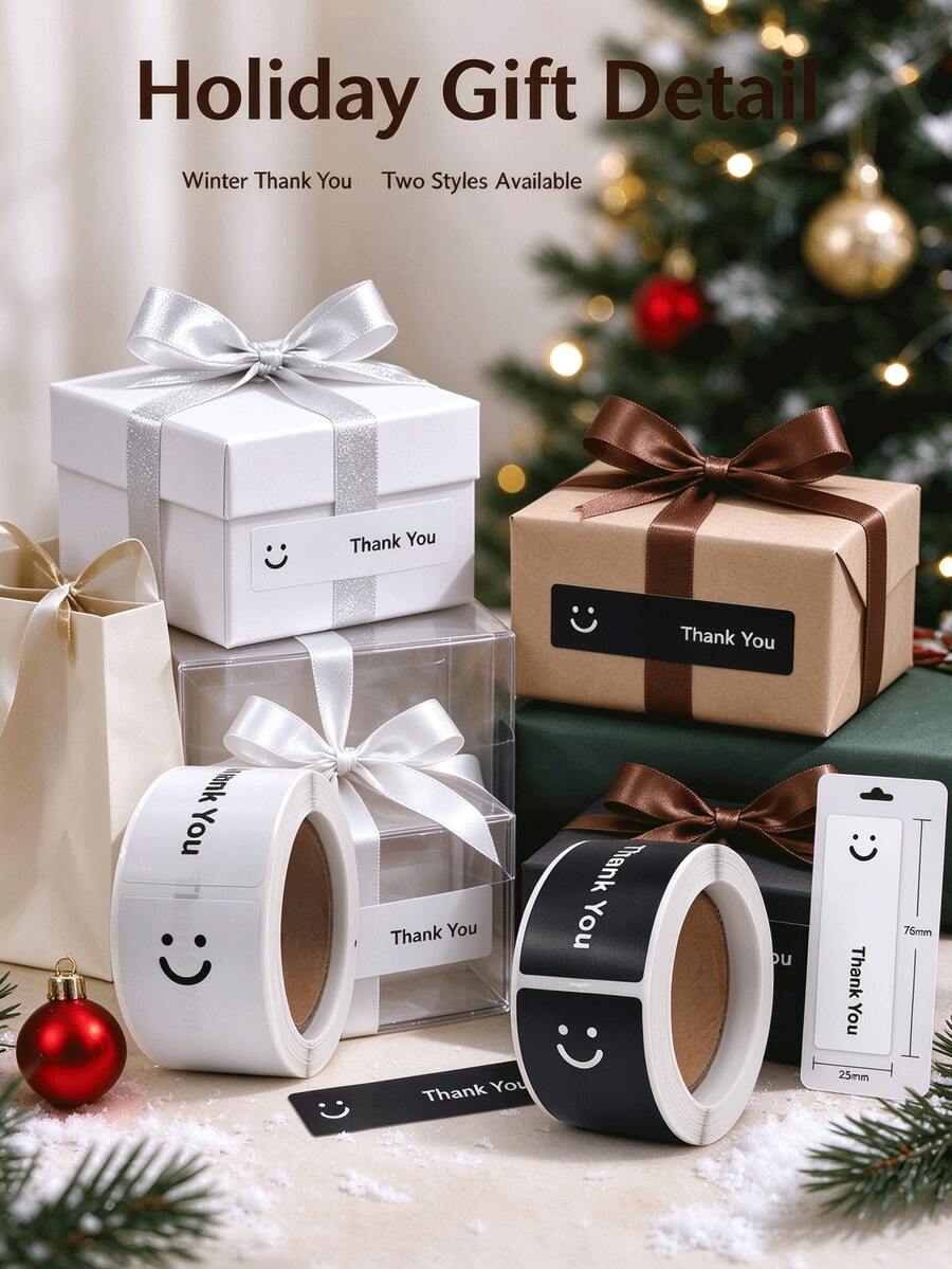 Smiling Face "Thank You" Sticker Roll, 1*3 Inch Rectangular Labels; Suitable For Envelopes, Scrapbooks, Orders, Packaging, Boutiques And Craft Supplies "Thank You For Supporting My Small Business" Stickers, Suitable For Holiday Gift Packaging And Daily General Labeling, Various Styles, Suitable For Christmas Handmade Crafts. - Multicolor - View 1