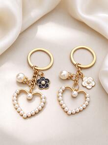 Pearl Hollow Heart Keychain Bag Charm, Camellia Flower Bag Accessory, Elegant Alloy Key Ring Pendant, Women's Handbag Accessory Gift - Multicolor - View 2