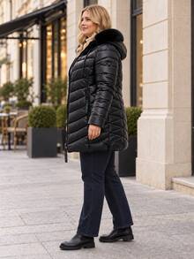 Women's Plus Size Quilted Puffer Jacket With Faux Fur Collar XL-5XL - Black - View 4