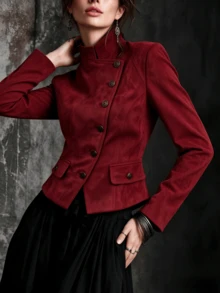 New Autumn Burgundy Stand Collar Asymmetrical Button Waist-Cinching Short Jacket, 1pc Elegant Vintage Button Pocket Decor Long Sleeve Motorcycle Jacket, Smooth Velvet Fabric Fitted Cut Mature Style Rider Top, Suitable For Party, Gathering, Daily Outing - Red - View 2