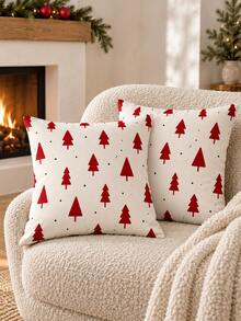 2PCS Red Christmas Tree Pillow Covers, White Background Christmas Nordic Polka Dot Pattern, Christmas Holiday Home Decor, Suitable For Bedroom, Living Room, Sofa And Office, Pillow Insert Not Included - Red - View 4