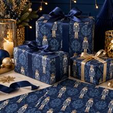 6PCS 50*70cm/19.69*27.56in Decorative Paper Gift Wrapping Sheets, Vintage Royal Blue & Gold Nutcracker Soldier Pattern, Navy Rectangular Flat Wrap Paper With Ornate Floral Details For Christmas, Winter Holidays & DIY Crafts - Multicolor - View 2