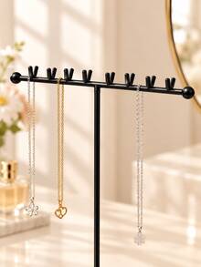 Home Desktop Tray Base Jewelry Stand, Double Row 16 Hooks Necklace Display Rack, Metal T-Shaped Earring Storage Holder - Multicolor - View 6