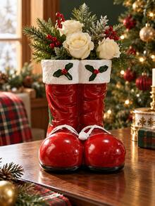 Red Christmas Boot Flower Vase, Festive Santa Boots Floral Container With Holly Accents, Decorative Holiday Centerpiece For Christmas Dining Table, Fireplace Mantel, Entryway Console And Winter Home Decor - Christmas Boot Vase - View 1