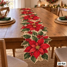 Flat Christmas Linen Table Runner, Asymmetrical Floral Edge, Red Poinsettia Holly Leaf And Berry Pattern, Holiday Table Decor, Suitable For Holiday Dinner, Christmas Party, Kitchen And Farmhouse Home - A - View 2