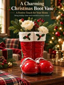 Red Christmas Boot Flower Vase, Festive Santa Boots Floral Container With Holly Accents, Decorative Holiday Centerpiece For Christmas Dining Table, Fireplace Mantel, Entryway Console And Winter Home Decor - Christmas Boot Vase - View 11