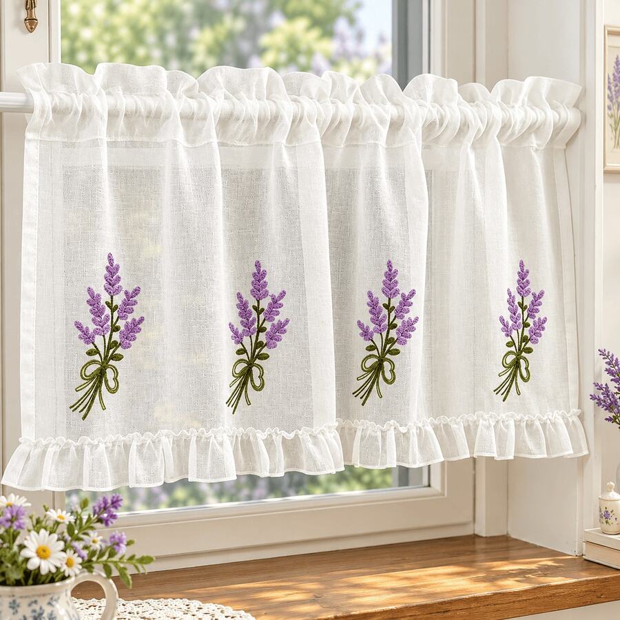 1PC French Lavender Embroidered Short Sheer Curtain, No-Drill Partition ...