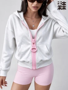 mulinsen Women's Designer Loose Pink Zip-Up Sweatshirt, Floral Grey Fleece Lined Casual Jacket - White - View 7