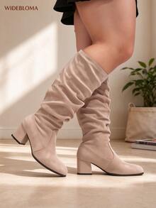 Autumn Maillard Style Plus Size Wide Calf Mid-Calf Stacked Suede Pleated Chunky Heel Boots - Apricot High Pleated - View 9