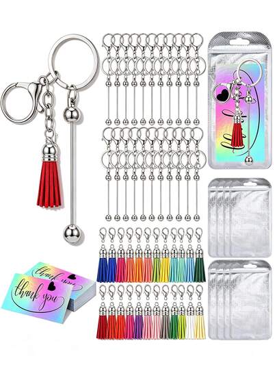 6/48/96/144pcs Beaded Keychain Strap Bulk Making Kit, Blank Beaded Keychain With Lobster Clasp, Tassel, Thank You Card And Gift Bag, DIY Keychain Materials, Jewelry Making Party Favors
