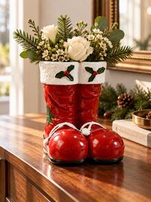 Red Christmas Boot Flower Vase, Festive Santa Boots Floral Container With Holly Accents, Decorative Holiday Centerpiece For Christmas Dining Table, Fireplace Mantel, Entryway Console And Winter Home Decor - Christmas Boot Vase - View 6