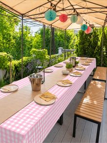 1/6/12PCS-137*274cm/137*137cm Pink And White Plastic Plaid Tablecloth, Decorative Disposable Yellow Plaid Tablecloth, Suitable For Farm Birthday Wedding Rectangular Tablecloth, Party Tablecloth - Pink - View 4