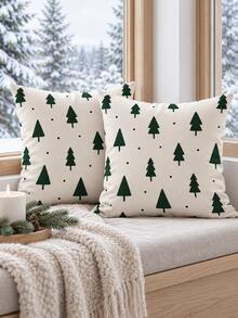 2PCS Dark Green Christmas Tree Pillow Covers, White Background Nordic Polka Dot Pattern, Christmas Holiday Home Decor, Suitable For Bedroom, Living Room, Sofa And Office, Pillow Insert Not Included - Dark Green - View 7