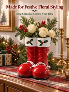 Red Christmas Boot Flower Vase, Festive Santa Boots Floral Container With Holly Accents, Decorative Holiday Centerpiece For Christmas Dining Table, Fireplace Mantel, Entryway Console And Winter Home Decor - Christmas Boot Vase - View 2