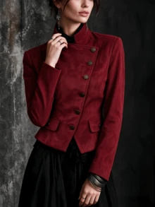New Autumn Burgundy Stand Collar Asymmetrical Button Waist-Cinching Short Jacket, 1pc Elegant Vintage Button Pocket Decor Long Sleeve Motorcycle Jacket, Smooth Velvet Fabric Fitted Cut Mature Style Rider Top, Suitable For Party, Gathering, Daily Outing - Red - View 4