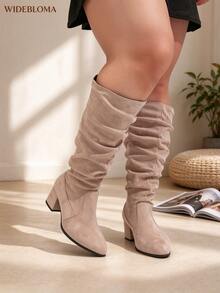 Autumn Maillard Style Plus Size Wide Calf Mid-Calf Stacked Suede Pleated Chunky Heel Boots - Apricot High Pleated - View 8
