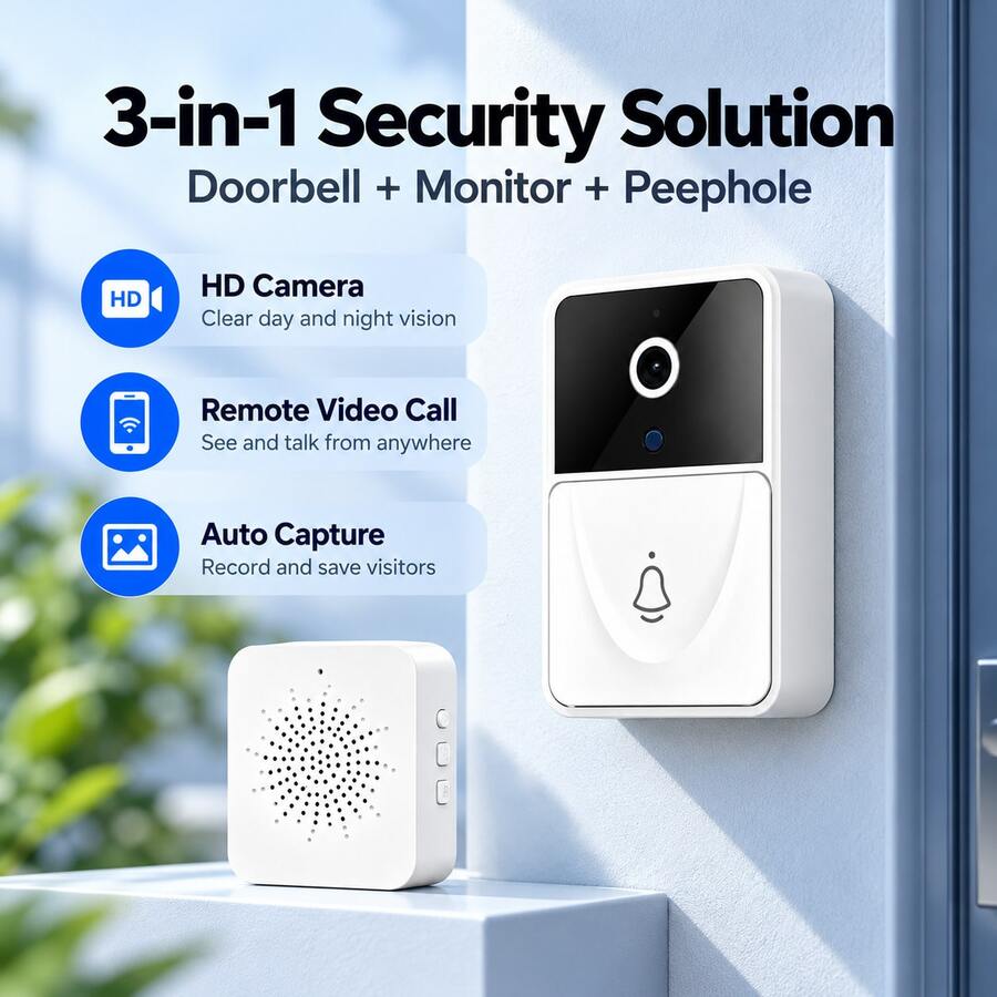 Chuông cửa video thông minh không dây WiFi, HD hồng ngoại nhìn đêm, đàm thoại hai chiều với bộ đổi giọng nói, thu âm 3 mét, tự động ghi hình chuyển động & phát lại từ xa, thông báo ứng dụng thời gian thực, chuông cửa an ninh cho căn hộ và biệt thự - Xem 1