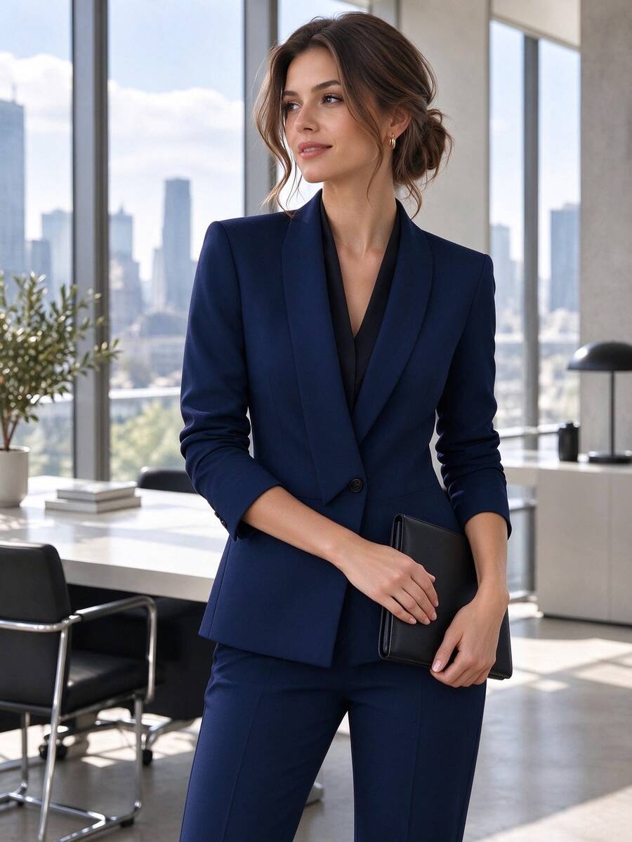 HOMEYEE Vintage Lapel Long Sleeve Casual Elegant Business Office Lady Blazer Jacket, Suitable For All Seasons Spring Fall - Navy Blue - View 1