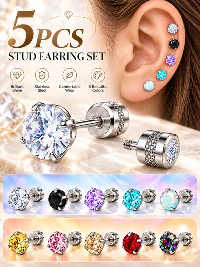 5pcs Stainless Steel CZ Stud Earrings With Silver Post For Women & Men, Multicolor Round Crystal Screw Back, Minimalist Cartilage Piercing Jewelry