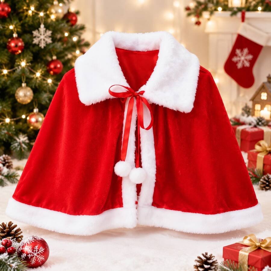 1pc Kids Christmas Red Cape Shawl, Short Sleeveless Cape With Fluffy ...