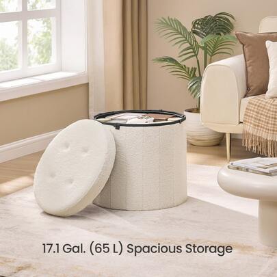 SONGMICS MAZIE Collection - Round Storage Ottoman, Foldable Foot Stool With Removable Lid, Easy Assembly, 46 X 45 Cm, Teddy Fleece Vanity Stool For Dorm, Bedroom, Living Room, Jelly Pink/ Cream White
