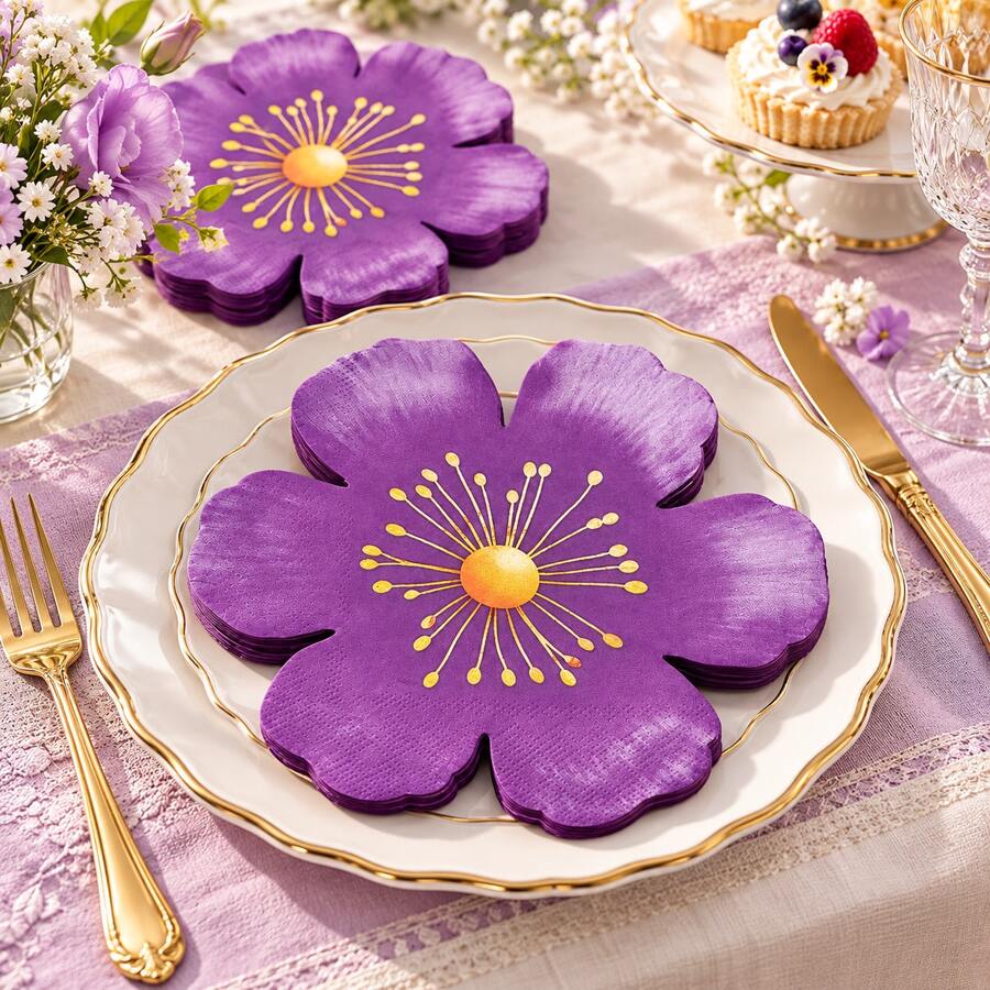 10/24/40pcs Purple Flower Shaped Disposable Napkins, Suitable For Spring/Summer Decoration Party Napkins, Applicable For Weddings, Bridal Showers, Birthdays, Bachelorette Parties, Afternoon Tea And Picnics - Purple Floral - View 1
