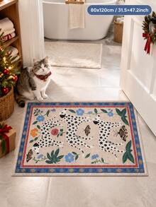 1pc Jungle Spotted Dog Butterfly Velvet Carpet, Beige Background With Three Dogs, Floral And Butterfly Vintage Jungle Pattern, Blue And Red Border Enhancing Layers. Rectangular Shape Suitable For Entryway, Living Room Entrance, Combining Decorative Sense And Vintage Artistic Atmosphere. - Multicolor - View 4