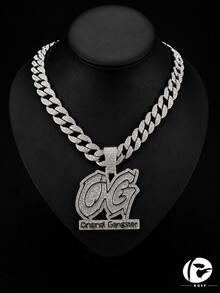 Full Rhinestone OG Letter Pendant Necklace, Iced Out Cuban Chain, Men's Hip Hop Shiny Personalized Jewelry, Nightclub Party Accessory - Original - View 1