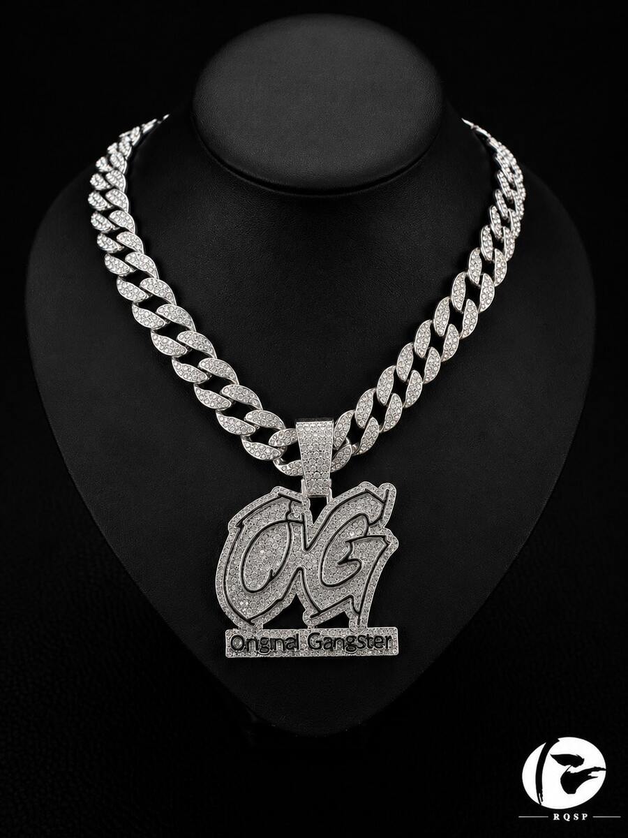 Full Rhinestone OG Letter Pendant Necklace, Iced Out Cuban Chain, Men's Hip Hop Shiny Personalized Jewelry, Nightclub Party Accessory - Original - View 1