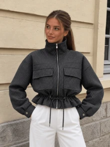 Checked Cropped Jacket For Women Vintage Zip Up Plaid Jacket Casual Utility Outerwear Fall Winter Chic Streetwear Short Coat - Navy Blue - View 3