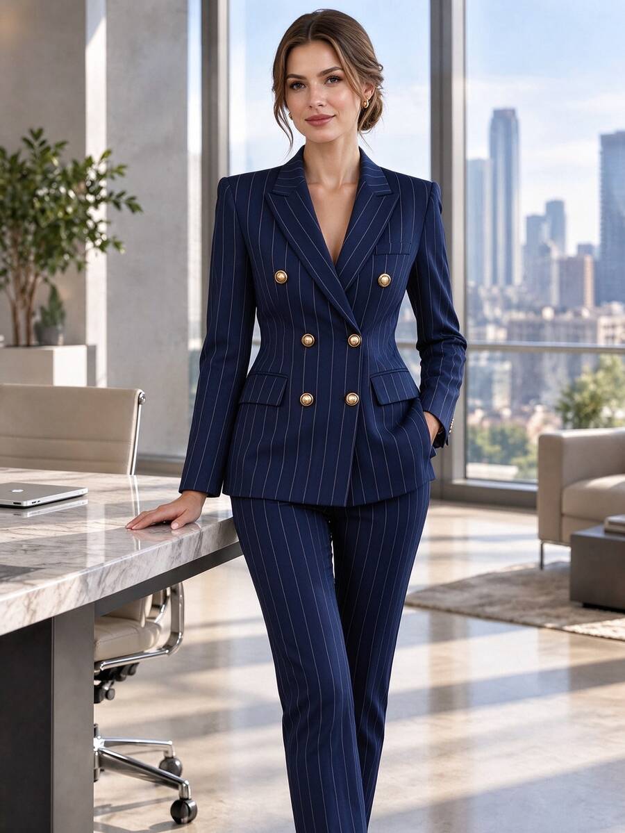 HOMEYEE Striped Suit Set, Double-Breasted Blazer & Trousers, Fitted Style, Versatile For Business, Casual And Holiday Occasions, 2 Pieces Spring Fall - Navy Blue - View 1