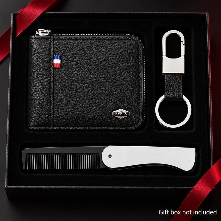 3pcs Black Wallet, Folding Comb & Keychain Set, Business Casual Everyday Accessories, Christmas & Birthday Gifts, Gift Box Not Included - Black - View 1