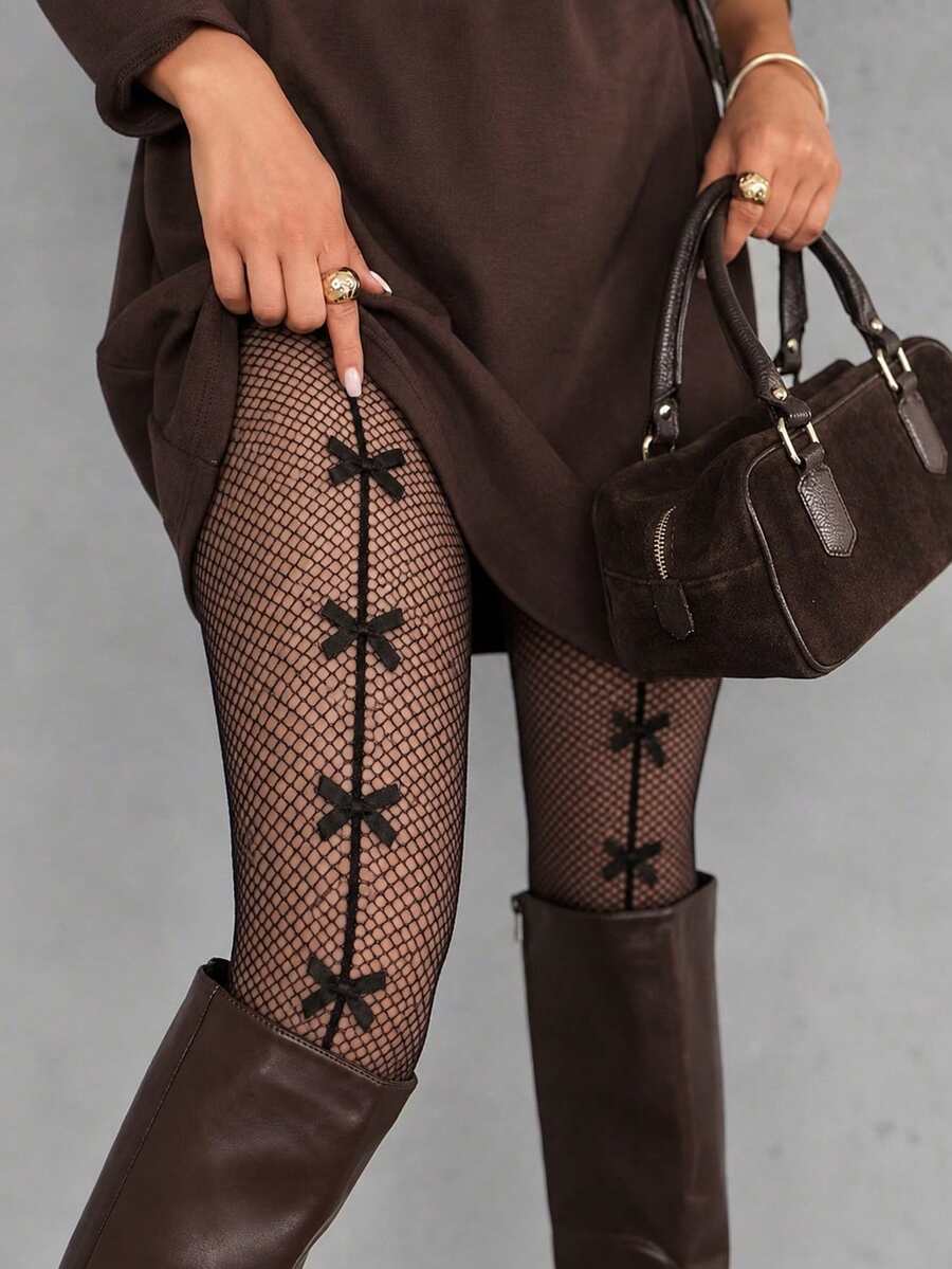 Women Bow Decor Fishnet Tights, Elegant Sheer Mesh Pantyhose, High Waist Hollow Out Net Stockings, Stylish For Party Daily Outfit Matching - Black - View 1