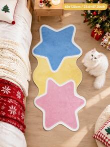 1pc Three-Color Star Patchwork Velvet Long Strip Rug, Blue Yellow Pink Three Asymmetrical Stars Combination, Playful And Healing. Long Strip Design Suitable For Bedroom Bedside, Children's Room, Game Area, Creating A Bright And Cute Space Atmosphere. - Multicolor - View 3