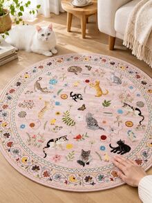 1pc Cat Garden Round Velvet Rug, Pink Background With Multiple Cats, Flowers And Butterfly Pattern, Vintage Floral Wreath Border, Exquisite And Durable, Cute And Artistic. Round Shape Suitable For Living Room, Bedroom, Children's Room, Creating A Gentle And Playful Garden Atmosphere. - Multicolor - View 5