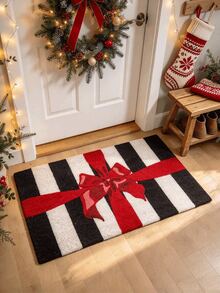 1pc, Black And White Striped Red Bow Rug, Black And White Stripes Paired With Eye-Catching Red Bow, Minimalist Contrast Design, Strong Visual Impact, Full Of Atmosphere, Filled With Romantic Holiday Vibe, Christmas Decoration Rug, Fun Rug Machine Washable, Indoor And Outdoor Use, Holiday Gift Home Decor Rug, Multiple Sizes Available, Suitable For Bathroom, Kitchen, Bedroom, Hallway, Dining Room - Multicolor - View 1