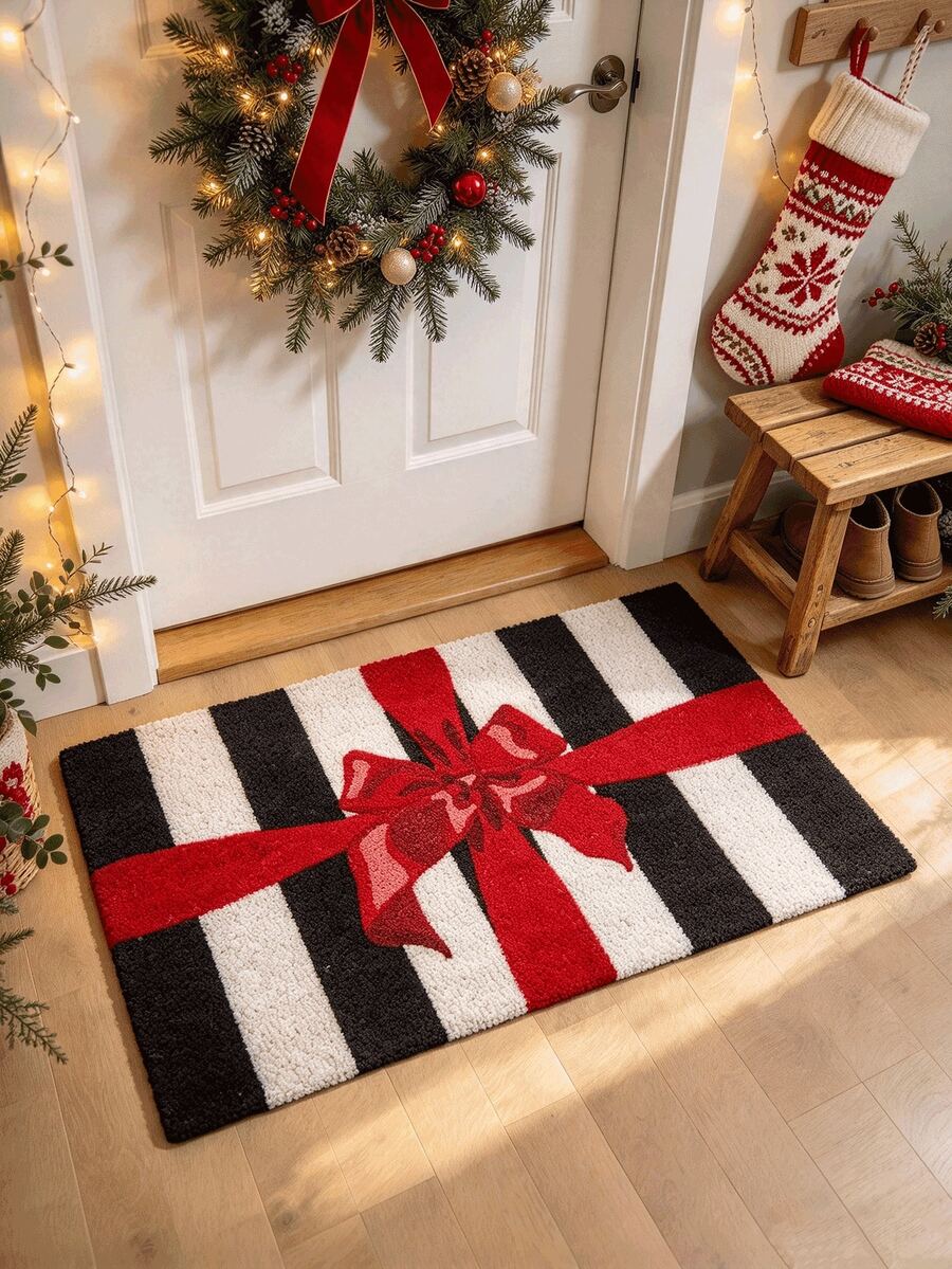 1pc, Black And White Striped Red Bow Rug, Black And White Stripes Paired With Eye-Catching Red Bow, Minimalist Contrast Design, Strong Visual Impact, Full Of Atmosphere, Filled With Romantic Holiday Vibe, Christmas Decoration Rug, Fun Rug Machine Washable, Indoor And Outdoor Use, Holiday Gift Home Decor Rug, Multiple Sizes Available, Suitable For Bathroom, Kitchen, Bedroom, Hallway, Dining Room - Multicolor - View 1