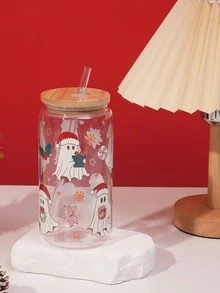 16oz Colorful Christmas Pattern Mason Cup, Single Layer PC Mason Bottle With Bamboo Lid, 475ml Christmas Plastic Cup - Color - View 12
