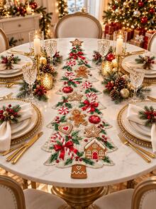 1pc Gingerbread Christmas Tree Linen Table Runner, Cute Gingerbread Man Candy Cane Peppermint Snowflake Print, Irregular Tree Shaped Dining Table Runner, Festive Farmhouse Kitchen Decor, Christmas Decorations For Home, Xmas Party, Holiday Table Decor - C - View 5