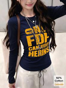 Set 2 áo thun dài tay cotton thuần in chữ mùa thu cho nữ, áo lót giữ nhiệt dáng ôm màu xanh navy + đen, dễ phối đồ - màu xanh hải quân và đen - Xem 4