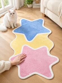 1pc Three-Color Star Patchwork Velvet Long Strip Rug, Blue Yellow Pink Three Asymmetrical Stars Combination, Playful And Healing. Long Strip Design Suitable For Bedroom Bedside, Children's Room, Game Area, Creating A Bright And Cute Space Atmosphere. - Multicolor - View 5